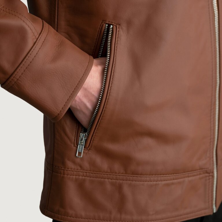 Mens Lavendard Matte Brown Leather Biker Jacket Close-Up-9-1724143250987